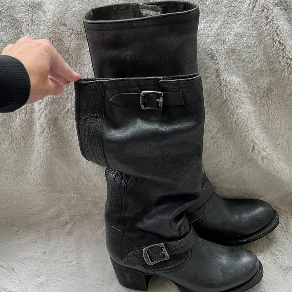 Frye Veronica slouch Moto tall distressed black leather boots upright or slouchy